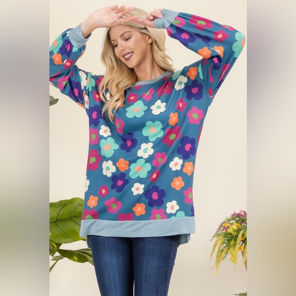 Celeste Side Slit Flower Print Long Sleeve Top - Picture 5 of 6